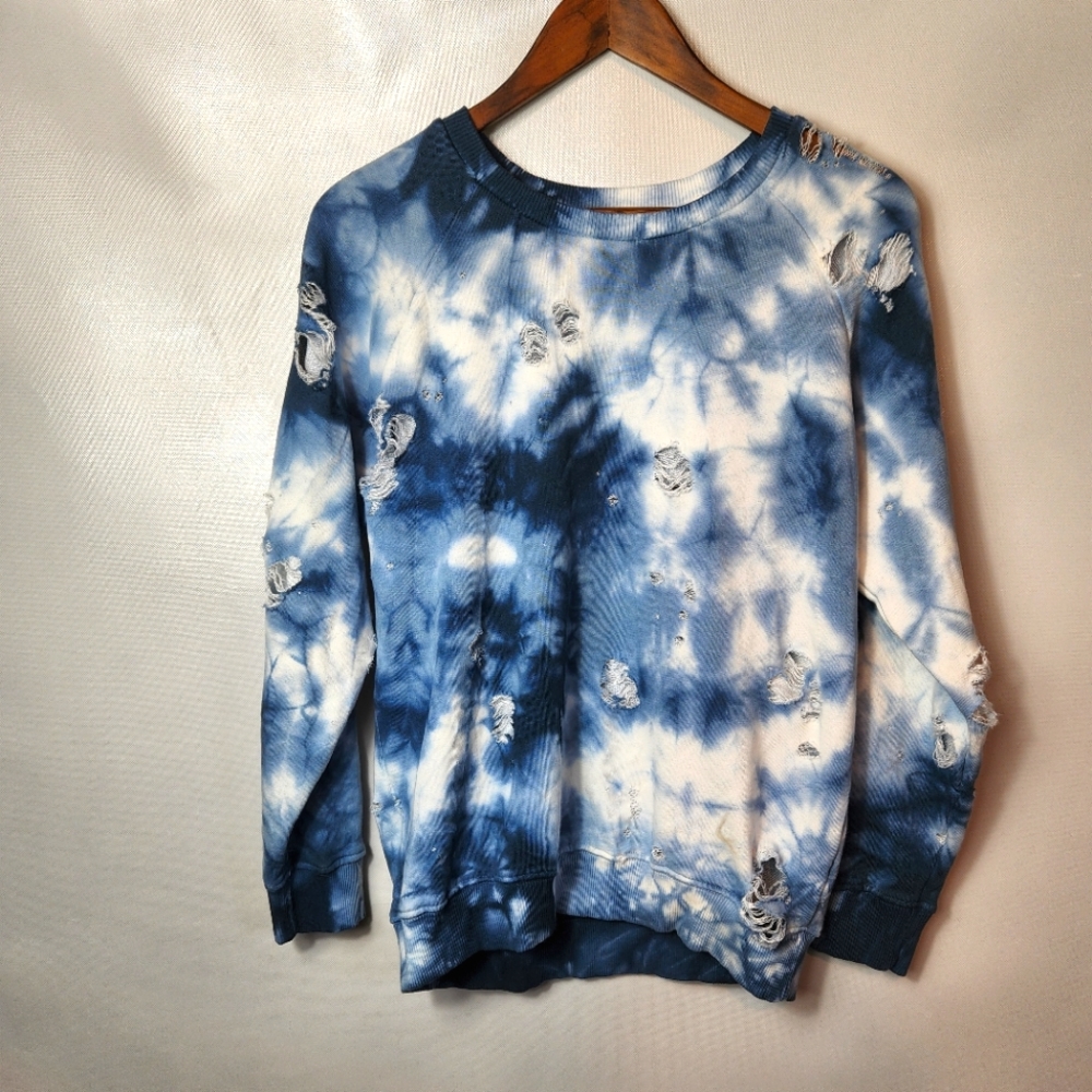 Don't Ask Why Distressed Crew Neck Sweatshirt Blue White